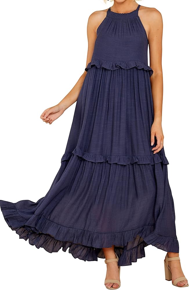 R.Vivimos Womens Summer Dress Cotton Sleeveless Halter Layered Ruffles Casual Boho Flowy Maxi Dress