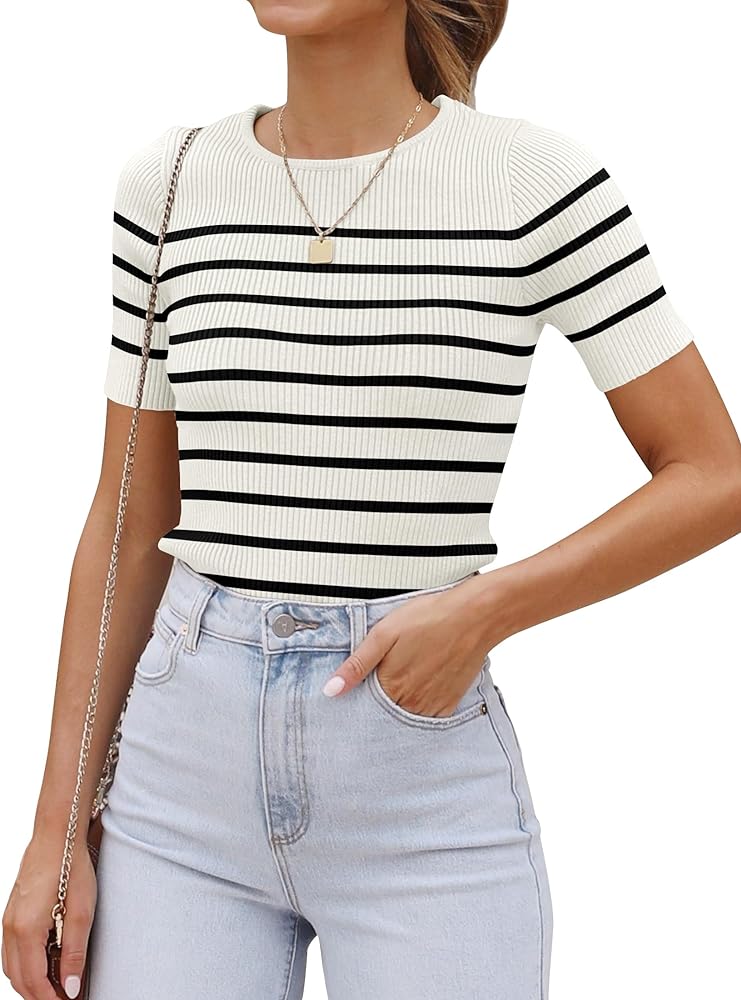 ZESICA Women's Short Sleeve Crewneck Striped T Shirt 2024 Summer Ribbed Knit Slim Fit Casual Basic Tee Tops