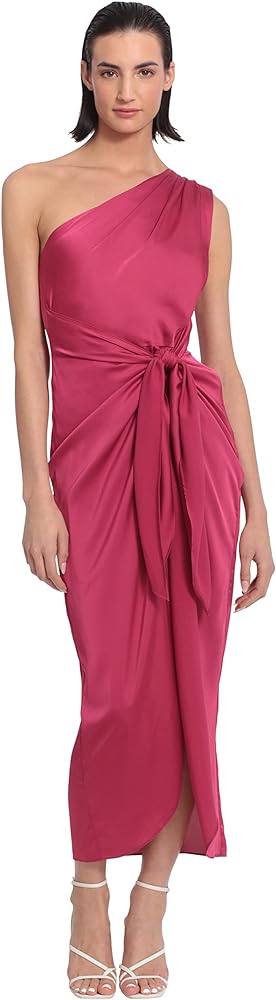 Donna Morgan Women's One Shoulder Faux Wrap Light Charmeuse Maxi with Tie Waist Occasion Event Party Guest of