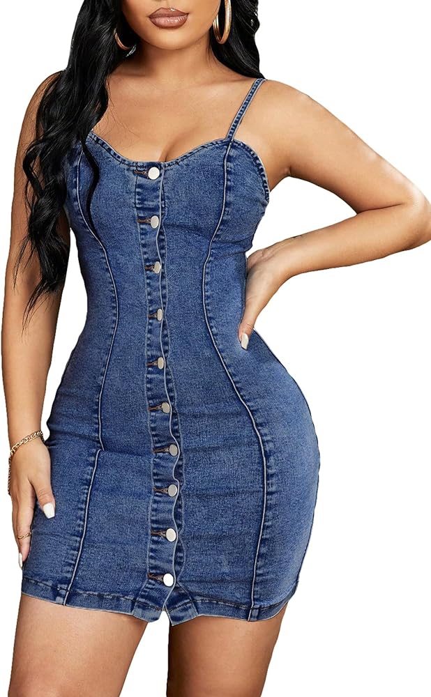 Floerns Women's Adjustable Spaghetti Strap Button Up Mini Denim Bodycon Dress