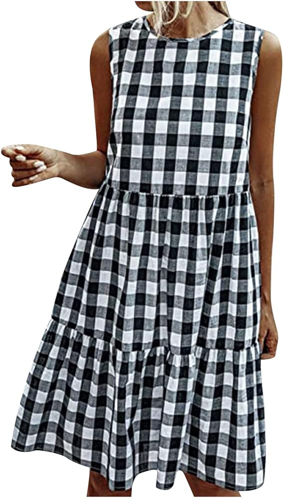 Ceboyel Women Gingham Linen Dress Boho Smocked Tiered Ruffle Dresses Plaid Summer Casual Sundress Trendy Picnic Clothes 2023