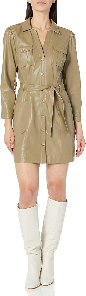 PAIGE Women's Karmine Vegan Leather Button Down Mini Dress in Brushed Olive