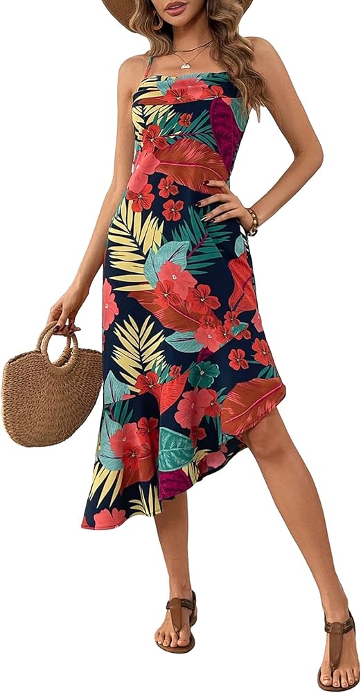 MakeMeChic Women's Tropical Print High Waist Midi Cami Dress Spaghetti Strap Shirred Ruffle Hem Summer Dress