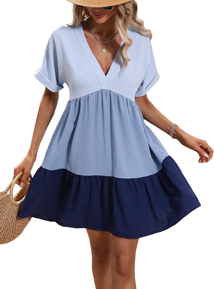 Floerns Women's V Neck Short Sleeve Ruffle Hem Colorblock Swing Shift Mini Dress