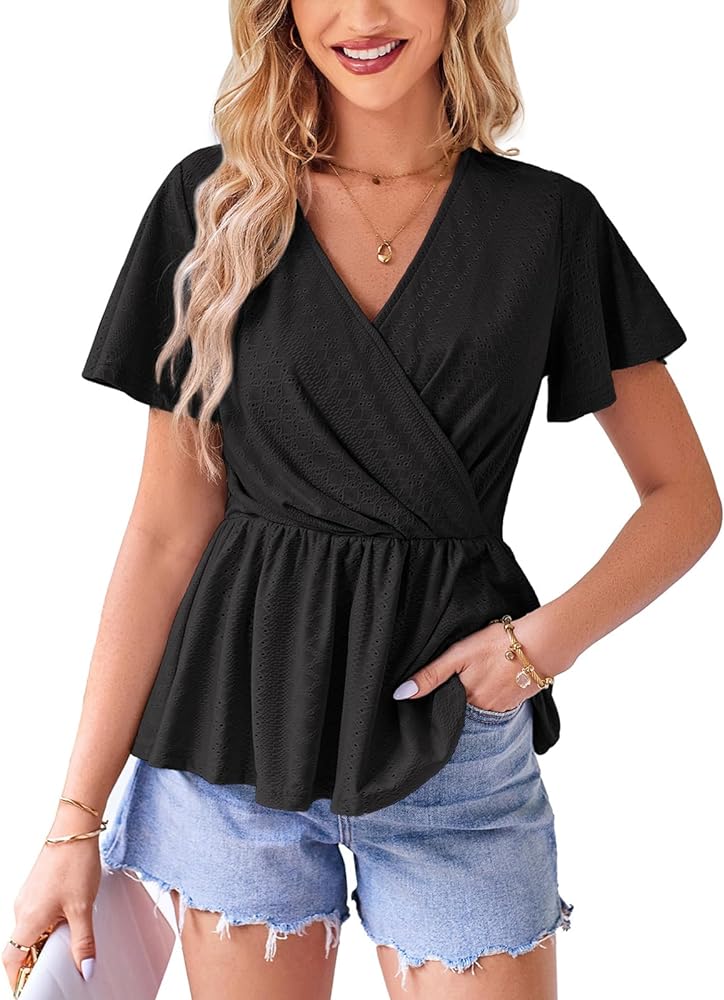 GRACE KARIN 2024 Womens Peplum Tops Wrap V Neck Eyelet Top Ruffle Sleeve Summer Casual T Shirts