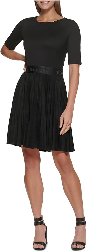 DKNY Womens Black Stretch Pleated Pullover Elbow Sleeve Round Neck Short Evening Fit + Flare Dress 6