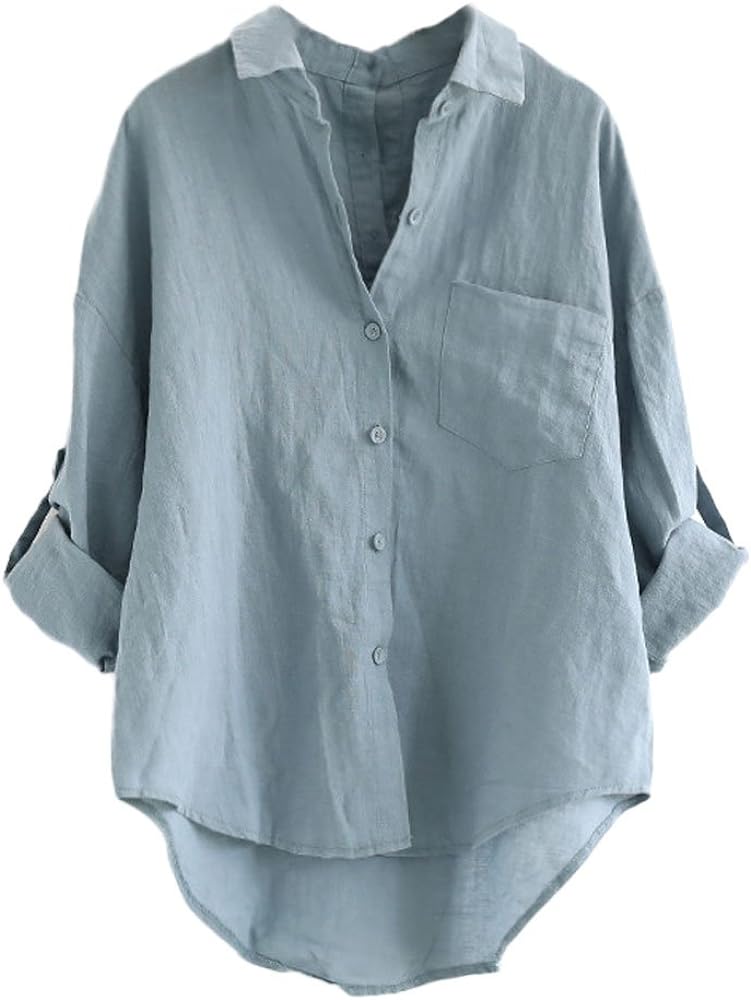 Minibee Women's Linen Blouse High Low Shirt Roll-Up Sleeve Tops