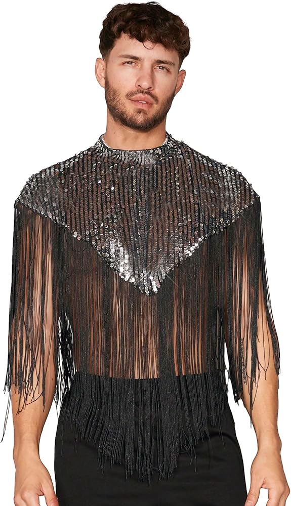 WDIRARA Men's Fringe Trim Mock Neck Sleeveless Sequin Party Hooded Vest Top