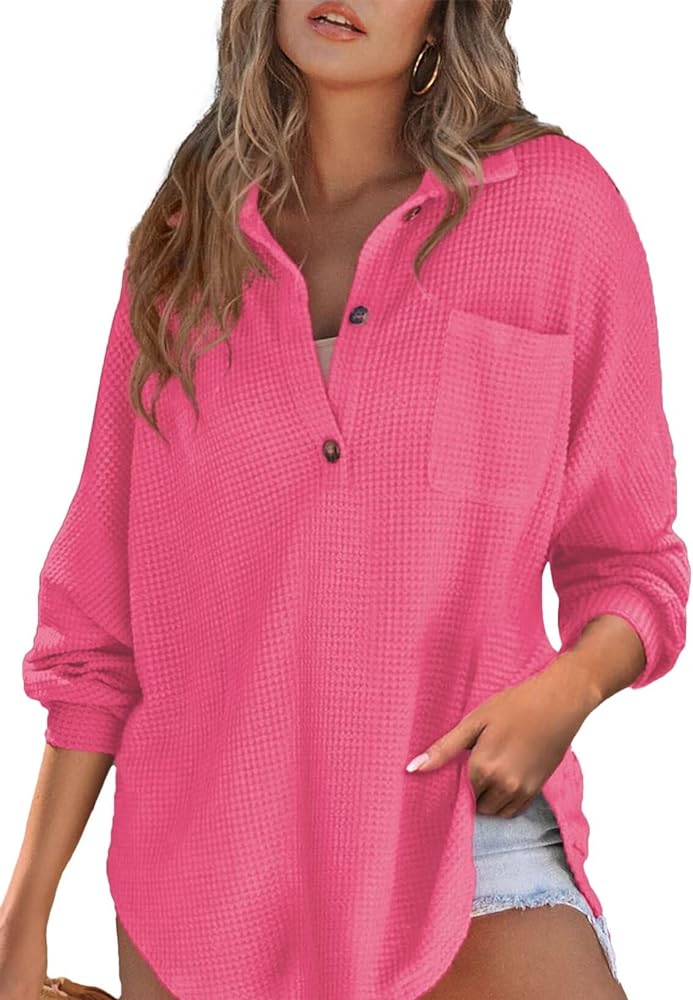 Astylish Women Waffle Knit Top Henley Shirts Long Sleeve V Neck Solid Color Casual Tunics