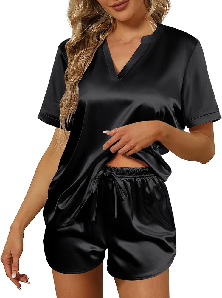 Ekouaer Silk Pajamas for Women Short Sleeve Sleepwear Two-piece Pjs Set Soft V Neck Loungewear Tops with Pj Shorts S-XXL