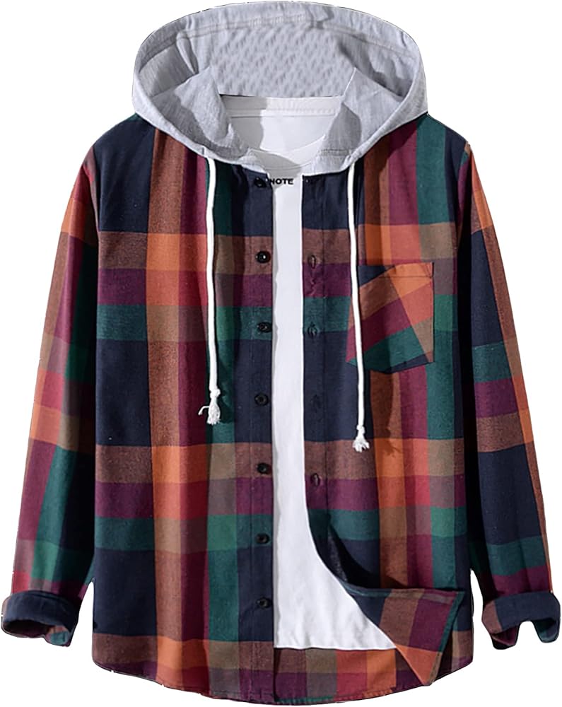 Verdusa Men's Button Down Long Sleeve Plaid Drawstring Hooded Jacket Coat