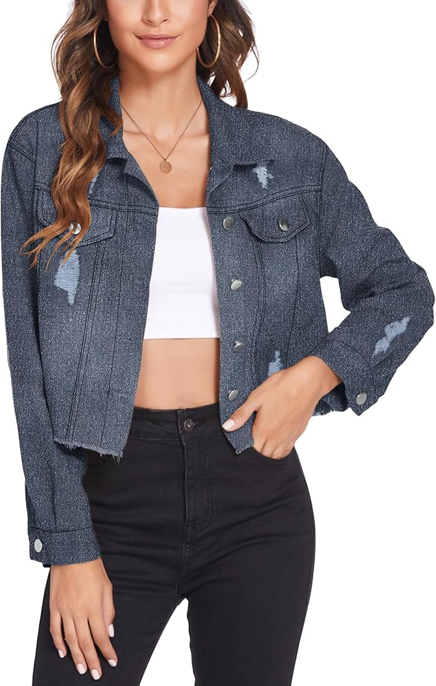 HOTLOOX Women's Jean Jacket Frayed Washed Button Up Cropped Denim Jacket With Pockets S-XXL