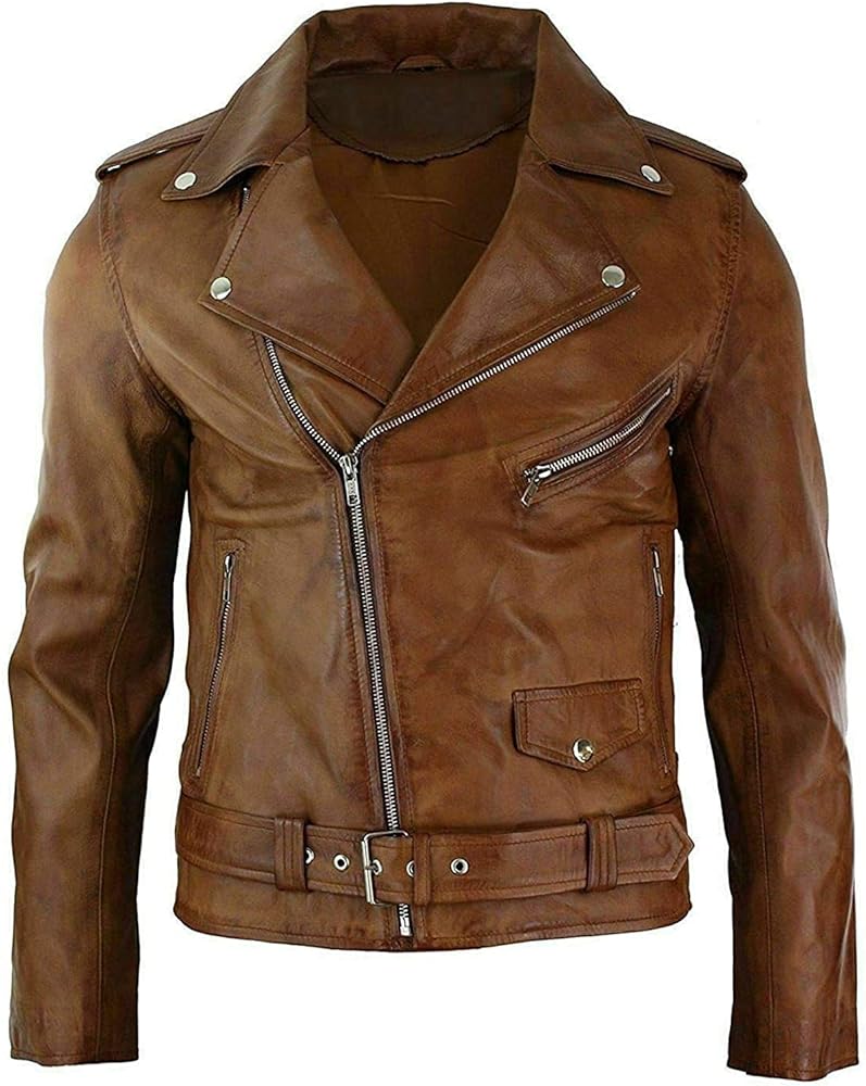 Mens Biker's Bomber Vintage Brown Brando Style Motorcycle Real Leather Jacket