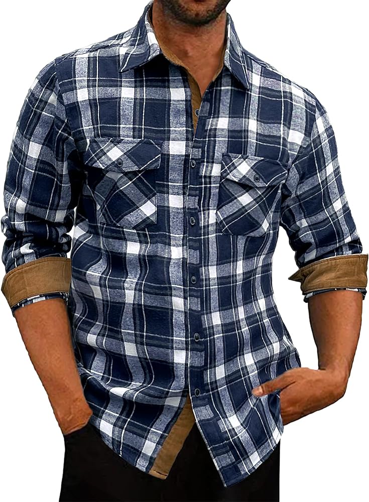 Mens Flannel Shirts Jackets Long Sleeve Plaid Shirts Cotton Button Down Contrast Color with Pockets