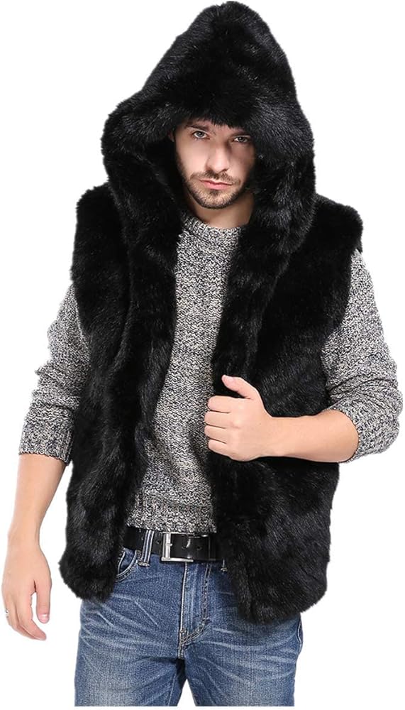 HINDOLA Mens Faux Fur Vest Jacket Winter Body Warm Coat Hooded Sleeveless Waistcoat Gilet Jacket Overcoat