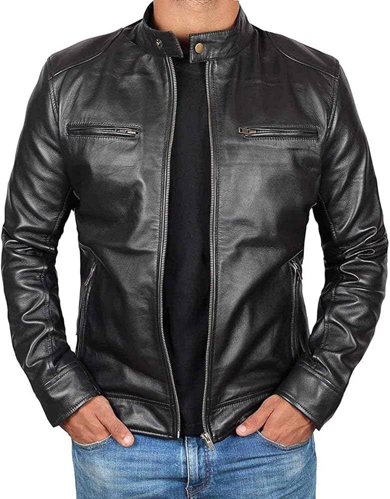 fjackets Men's Motorcycle Leather Jacket - Vintage Stylish Soft Lambskin Real Leather Biker Jacket Men