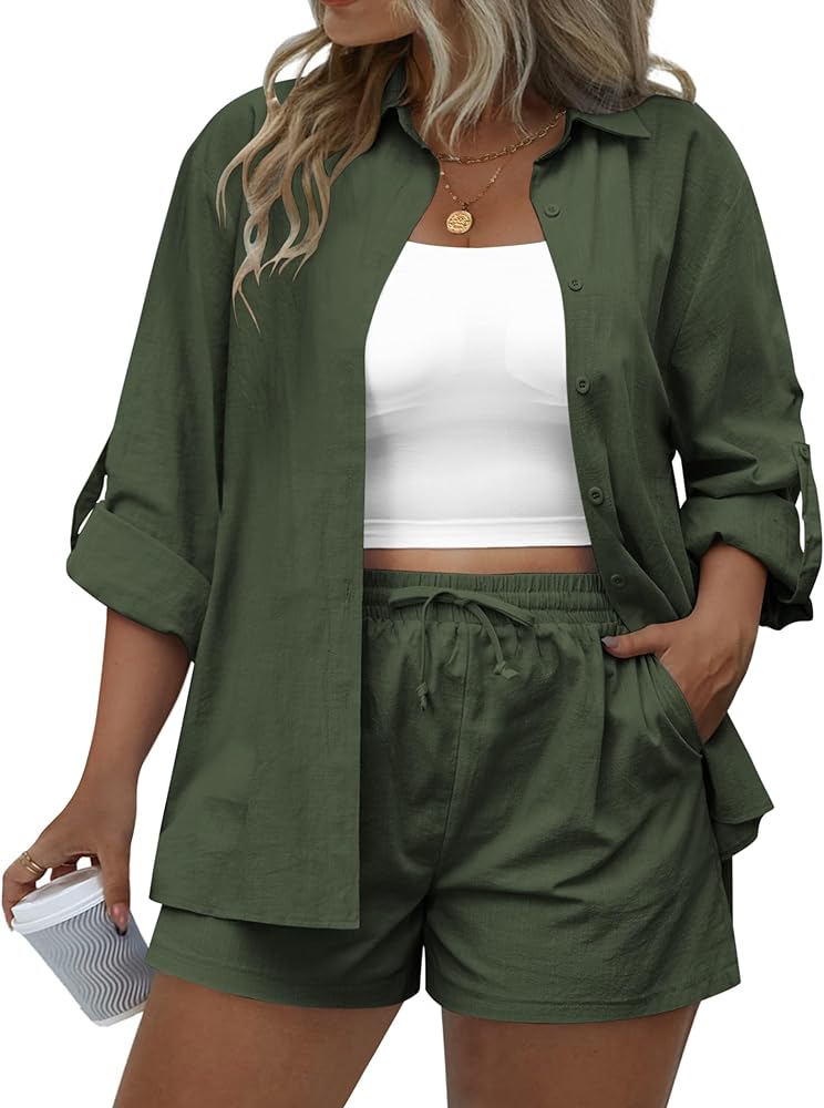 IN'VOLAND Women's Plus Size 2 Piece Outfits Cotton Linen Shirt and Drawstring Shorts Set Summer Tracksuits 2024