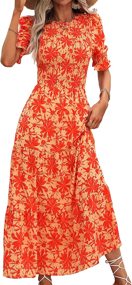 BTFBM Women Casual Summer Dresses 2024 Spring Crew Neck Ruffle Short Sleeve Floral Print Smocked Boho Flowy Maxi Dress