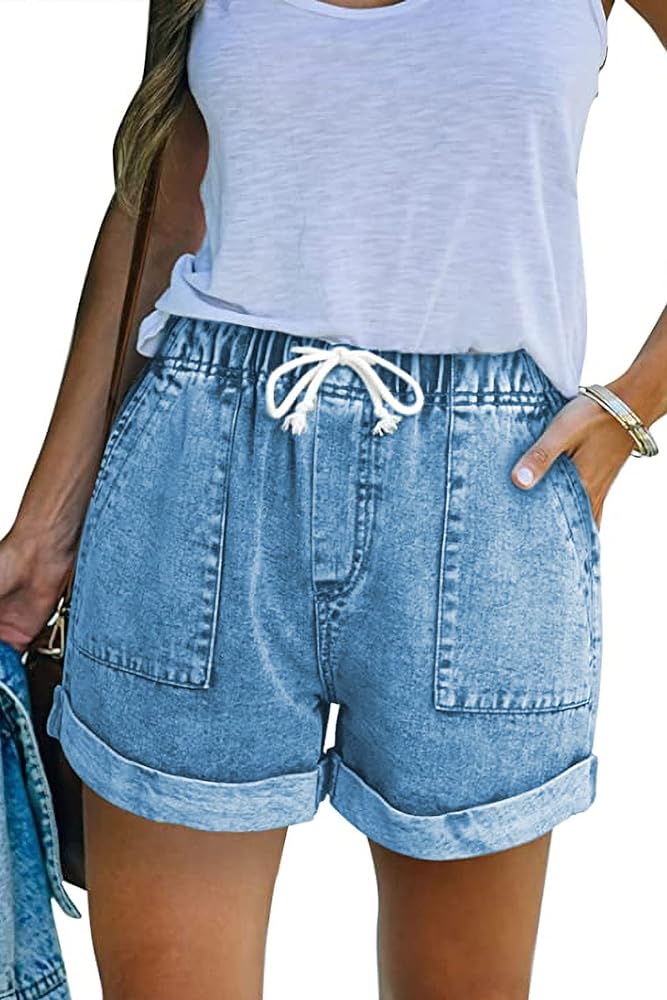 NEYOUQE Women's Casual Fashion Denim Shorts High Waisted Ripped Short Jeans Stretchy Drawstring Elastic Waist Jean 2024