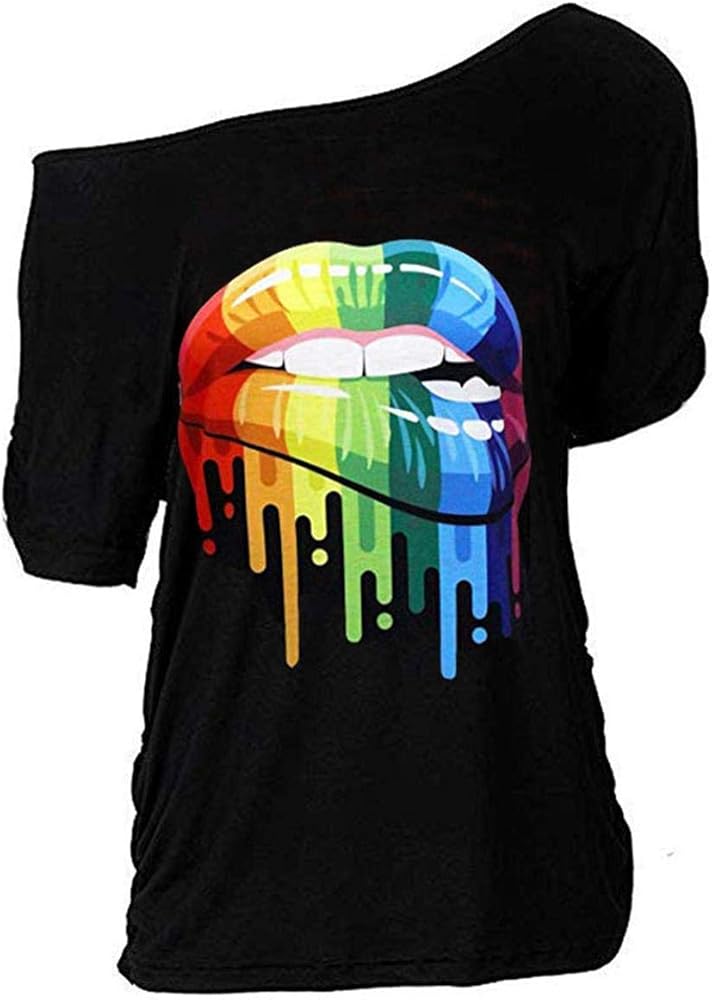 MAGICMK Women Casual Plus Size Lips Print Off Shoulder T-Shirt Tops