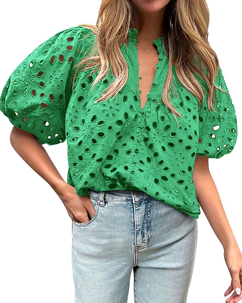 BTFBM Women's Casual Summer Blouse Tops Hollow Out Eyelet Embroidery V Neck Buttons Puff Short Sleeve Dressy Boho Shirt