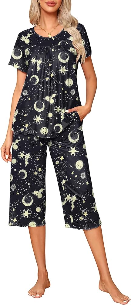 Ekouaer Pajama Set for Women 2 Piece Capri Pants Short Sleeve Top Sleepwear Soft Pjs Loungewear with Pockets S-3XL