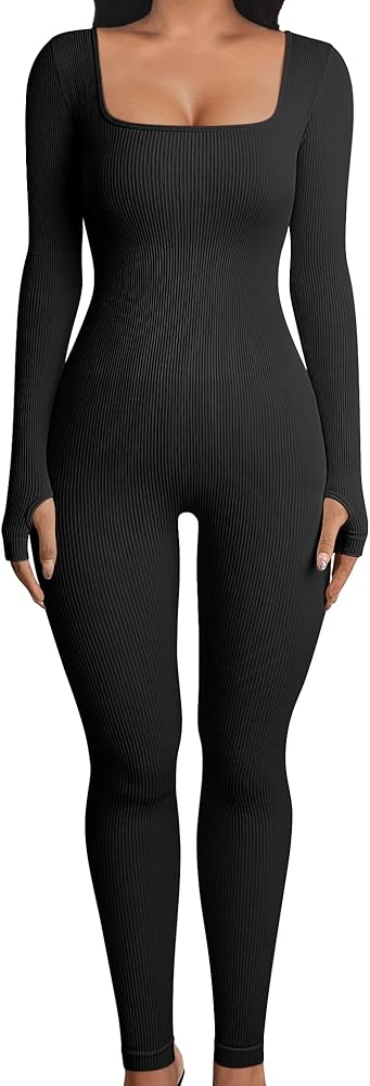 OQQ Women Yoga Jumpsuits Workout Ribbed Long Sleeve Sport Jumpsuits