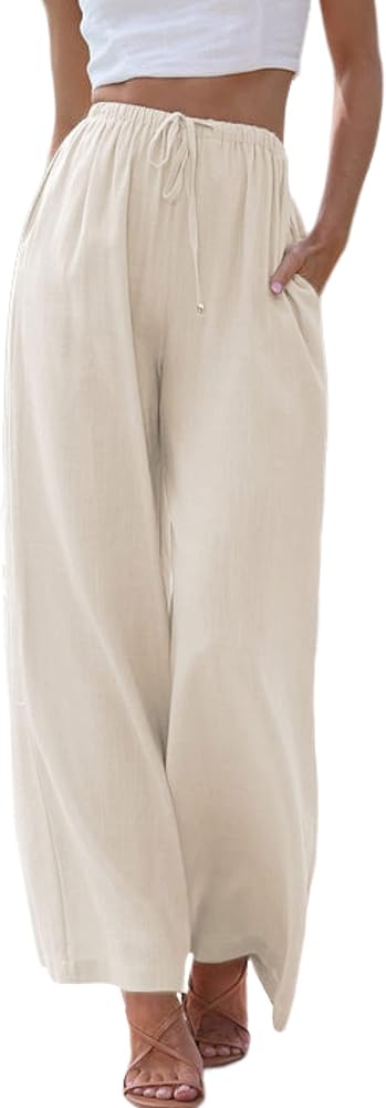 Tanming Wide Leg Linen Pants for Women Summer Flowy High Waisted Beach Palazzo Trousers