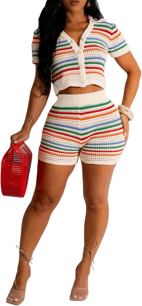 Women 2 Piece Sets Summer Outfits Crochet Button Down Shirts Hollow Out See Through Color Block Tracksuit Shorts Sets