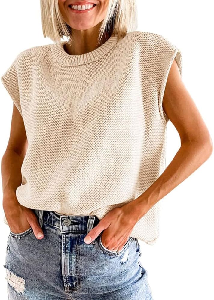 Womens Summer Sweater Vest Cap Sleeve Crew Neck Casual Loose Fit Knit Lightweight Pullover Tank Top for Spring Summer