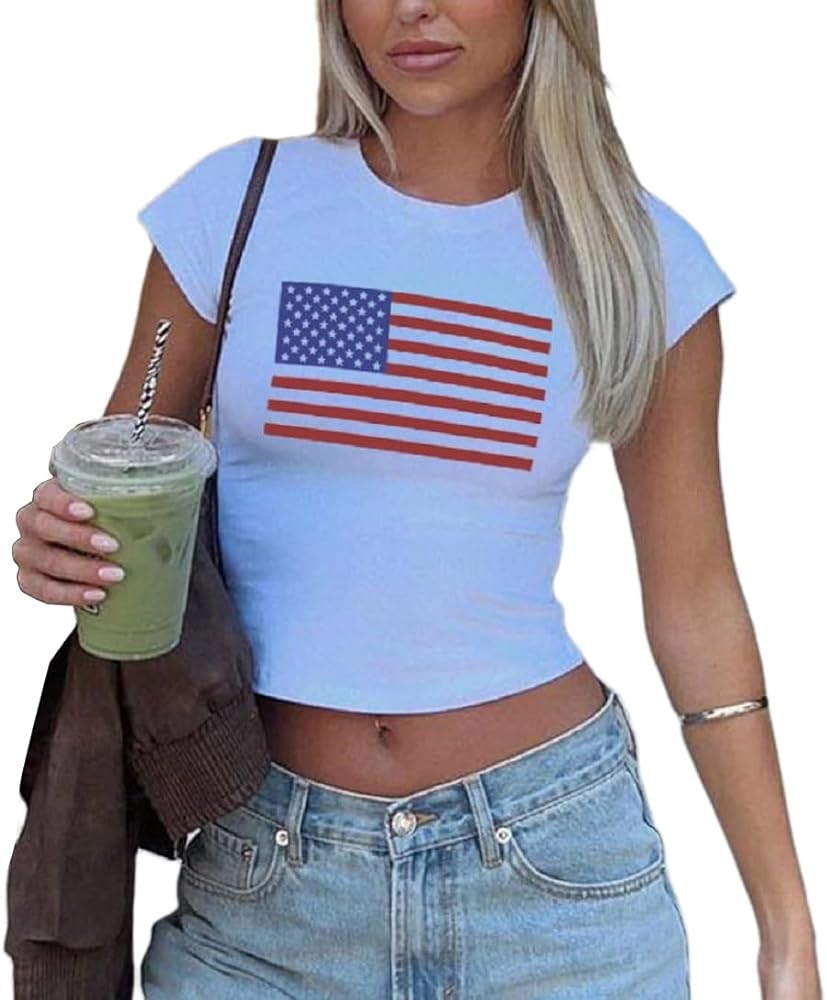 Y2K White Baby Tees for Women American Flag Print Crop Top 4th of July Slim Fit T Shirt for Teen Girls