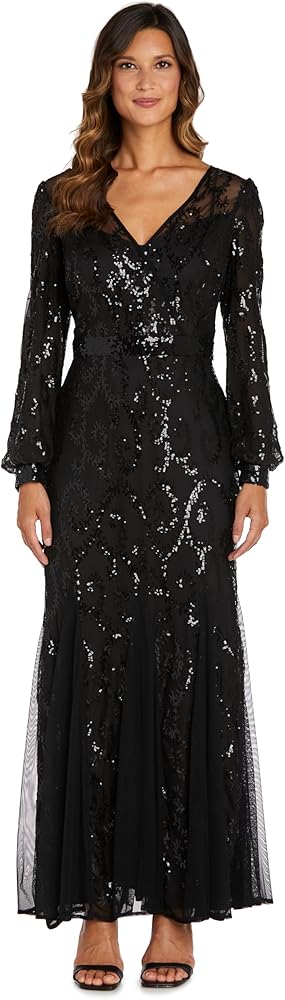 R&M Richards Long Sequined Cocktail Dress W/Power Mesh Inset