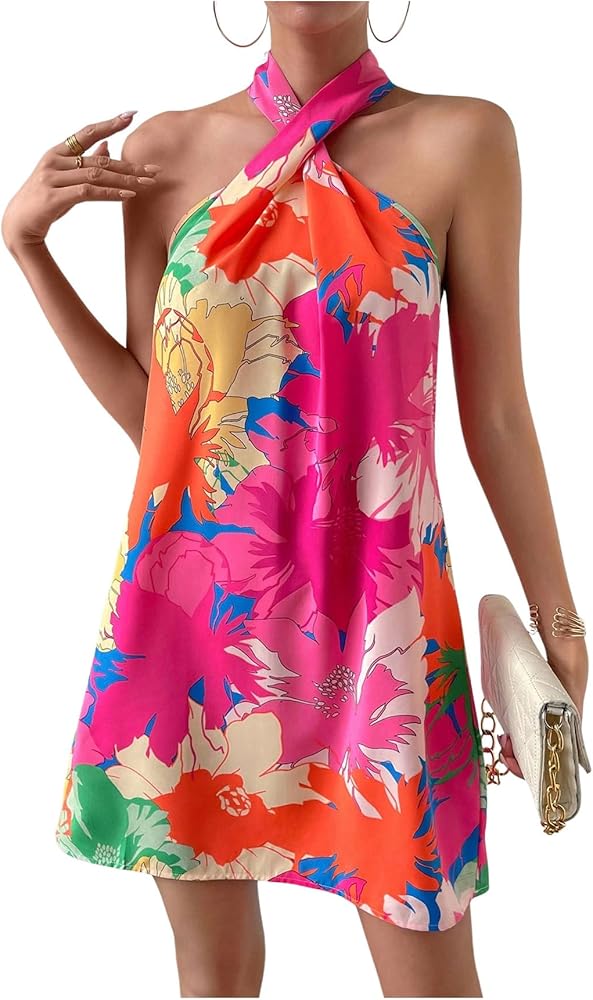 SOLY HUX Women's Floral Print Tunic Dress Criss Cross Sleeveless Halter Summer Short Dresses