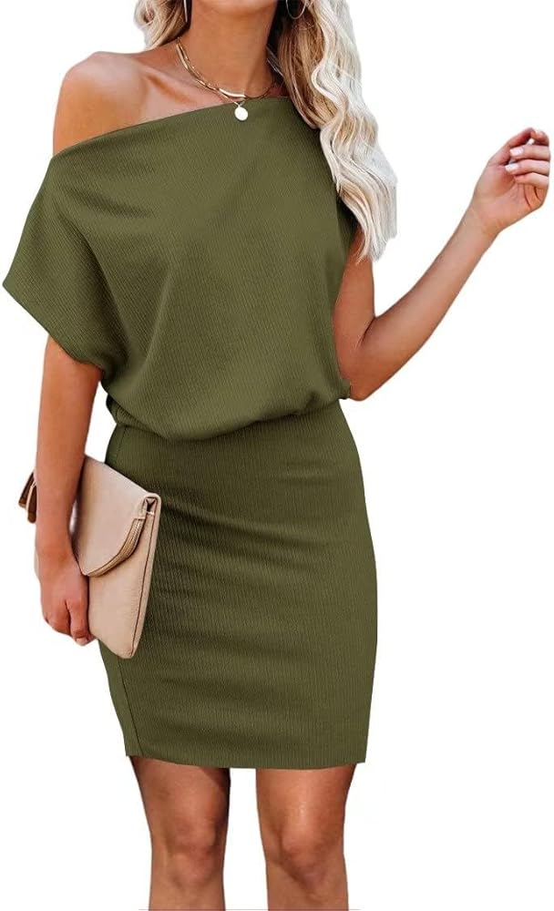 Ezbelle Women's Off The Shoulder Short Sleeve Ribbed Casual Summer HIPS-Wrapped Bodycon Party Mini Dress