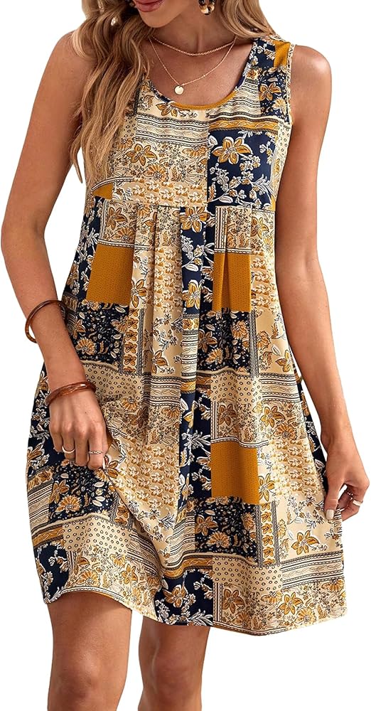 SOLY HUX Women's Floral Graphic Print Flared Smock Dresses Sleeveless Scoop Neck High Waist Boho Tank Dresses