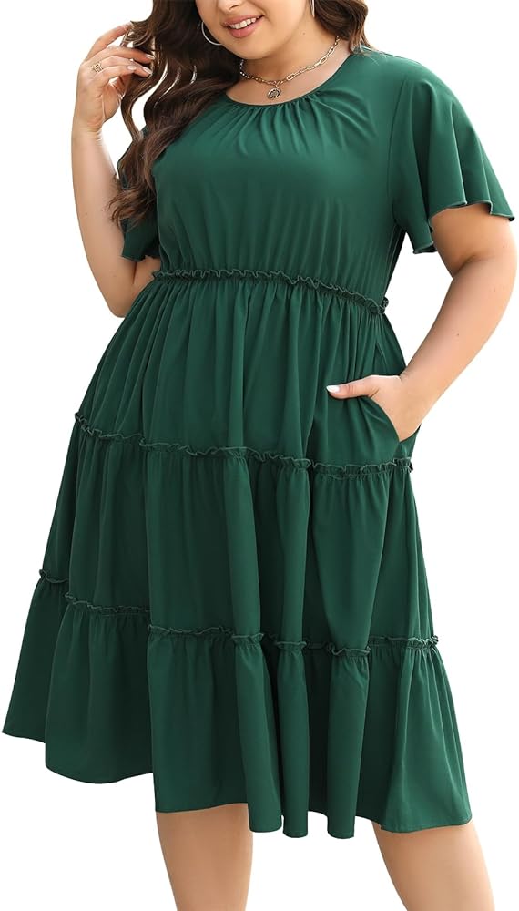 Nemidor Womens Casual Plus Size Short Sleeve Layered Swing Summer Midi Dress with Pocket NEM527