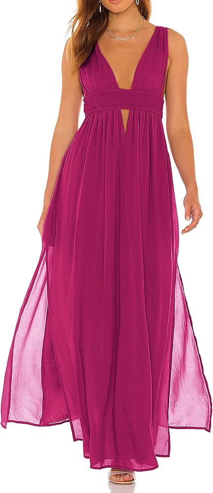 R.Vivimos Boho Dress for Women Sexy Deep V Neck Sleeveless Hollow Out Backless Casual Side Slit Maxi Dress