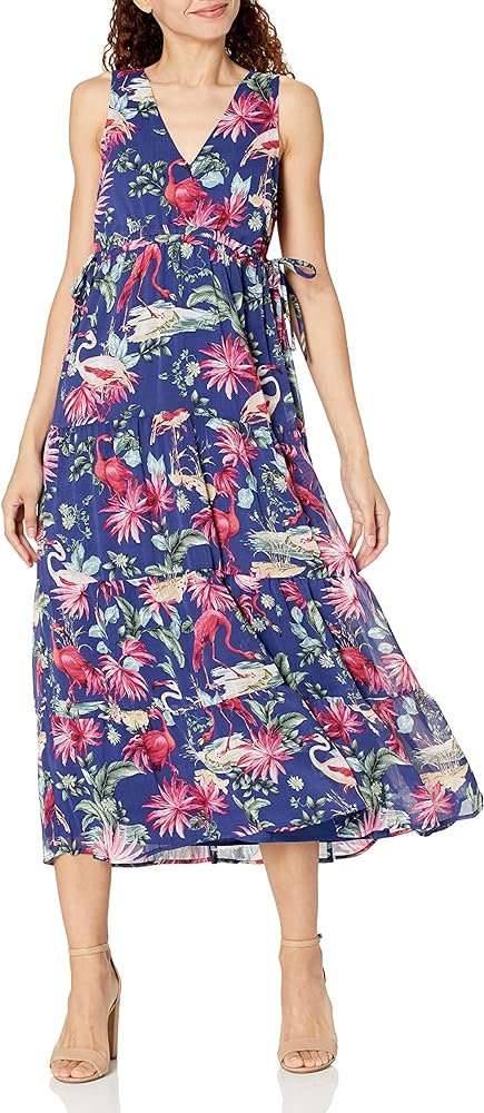 kensie Women's Flamingo Printed Sleeveless Midi Contemporary Dress