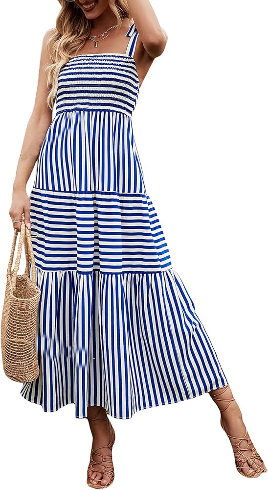 MakeMeChic Women's Striped Tie Shoulder Sleeveless A Line Camis Dress Ruffle Summer Long Dress