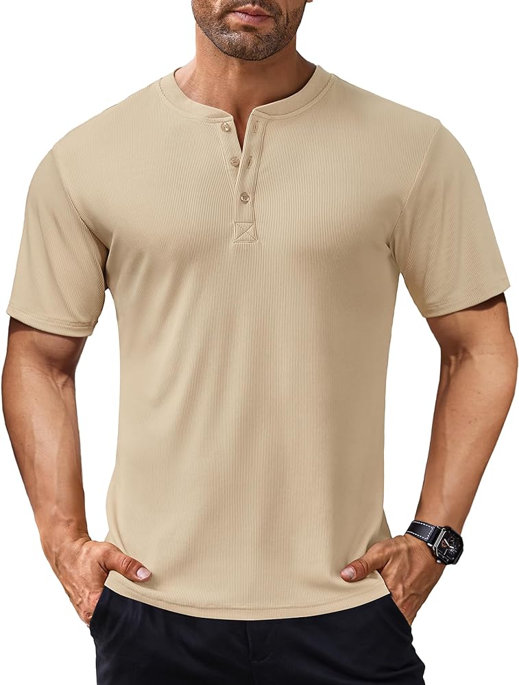 COOFANDY Men's Short Sleeve Henley Shirts Stretch Ribbed T-Shirts Fashion Casual Basic Tops