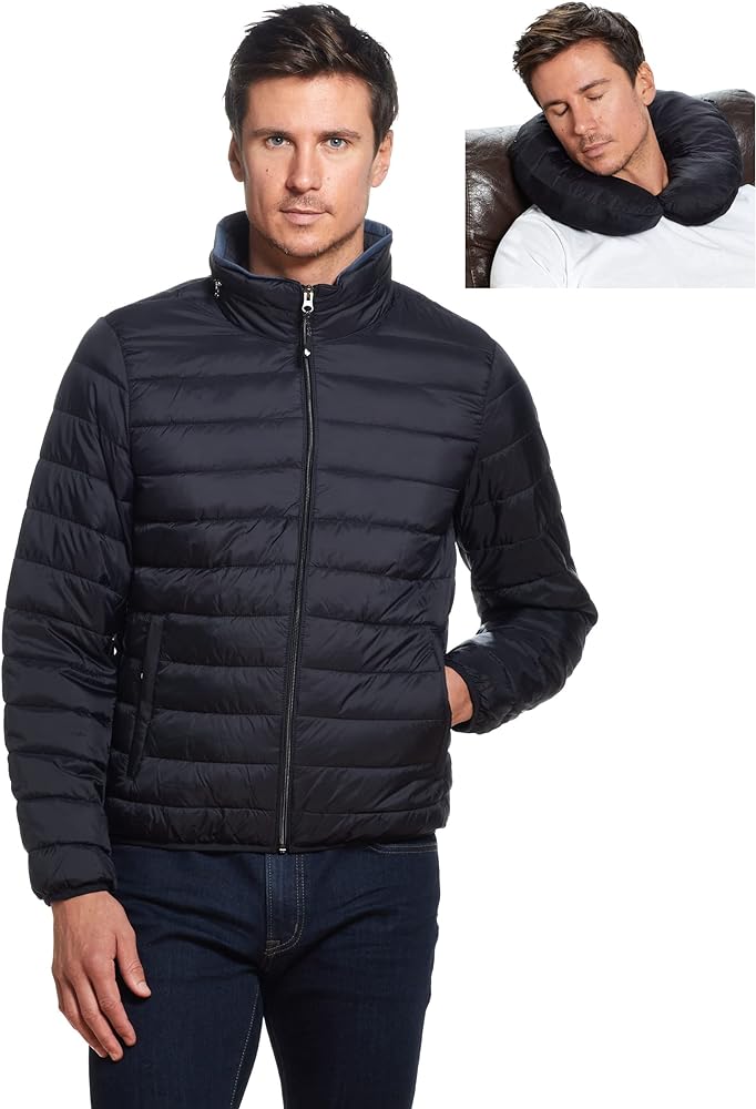 Weatherproof Mens Puffer Jackets - Packable Travel Neck Pillow Alternative Down Puffer Jacket Men (S-3XL)