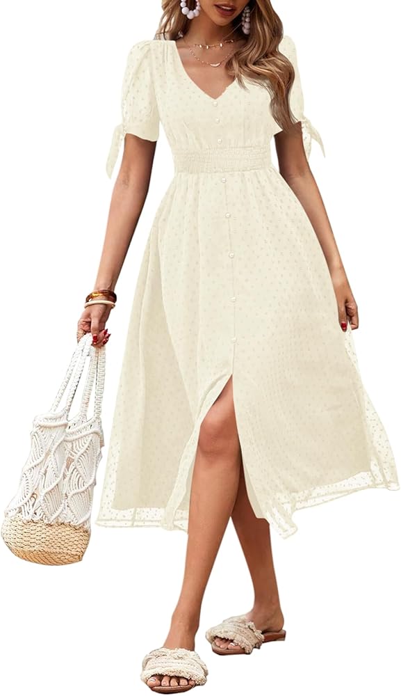 Fisoew Women's Puff Short Sleeve Midi Dress Swiss Dot Chiffon Boho V Neck Casual Summer Beach Long Dresses