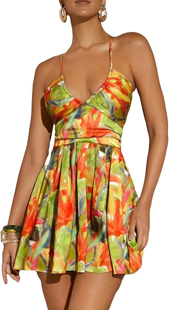 MakeMeChic Women's Boho Floral Summer Dress Criss Cross High Waisted V Neck Sleeveless Short Sundress