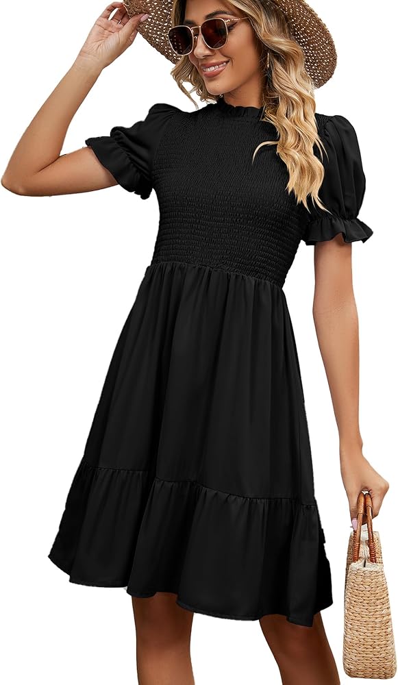 Womens Round Neck Dress Pleated Design Elegant Solid Color Short Sleeved Slim Fit Dress