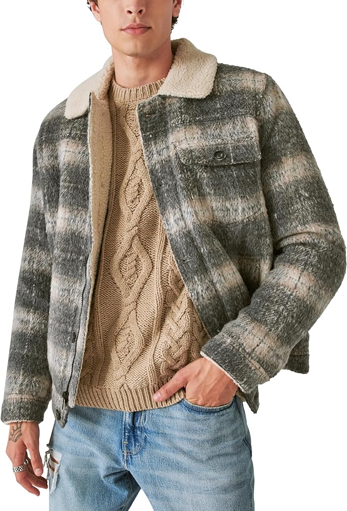 Lucky Brand Men's Plaid Faux Shearling Lined Trucker Jacket