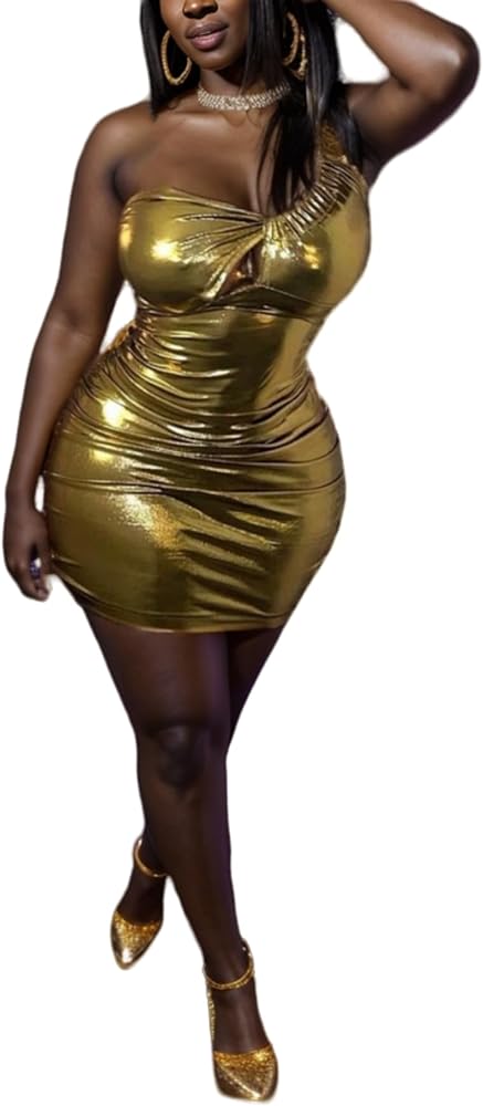 LROSEY Sexy One Shoulder Metallic Mini Dress for Women Gold Silver Shiny Bodycon Bandage Ruched Club Party Dresses