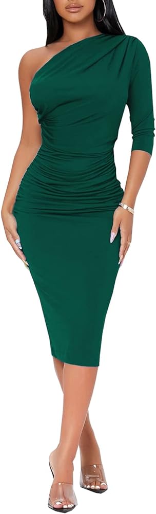 HipGlamp Women's Sexy Elegant One Shoulder 3/4 Sleeve Cocktail Party Ruched Midi Dress