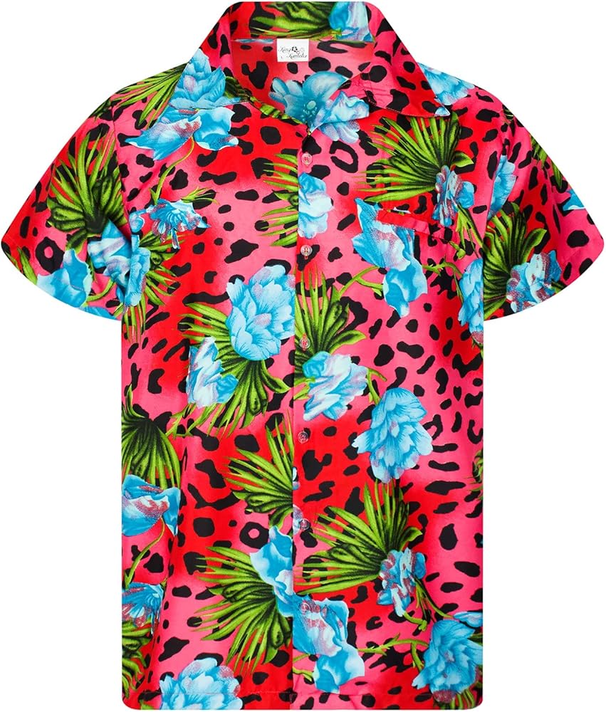 KING KAMEHA Men's Regular-Fit Hawaiian-Shirts Casual Funky Leopard-Flower-Print-Shirts