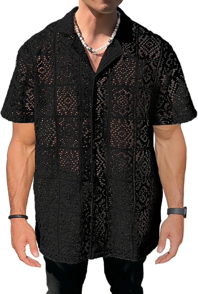 Mens Lace Sheer Button Down Shirt Floral Meshed Short Sleeves Knit Shirts Tee Top Openwork Beach Casual Vacation