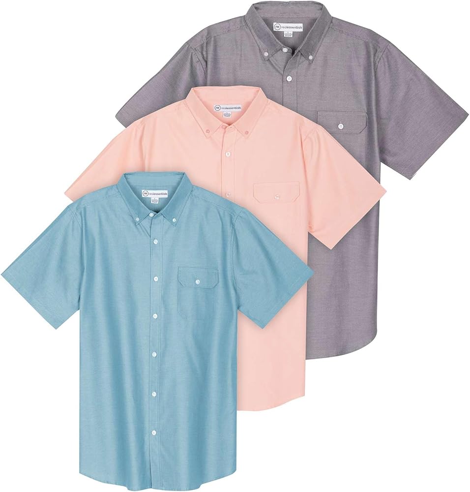 Real Essentials 3 Pack Men's Short-Sleeve Oxford Solid Button Down Collar Casual Shirts with Pocket (Available in Big & Tall)